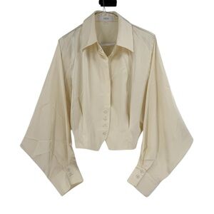 LUCCA Ivory Silk Blend Cropped Blouse | Draped Batwing Sleeve Button Front Top